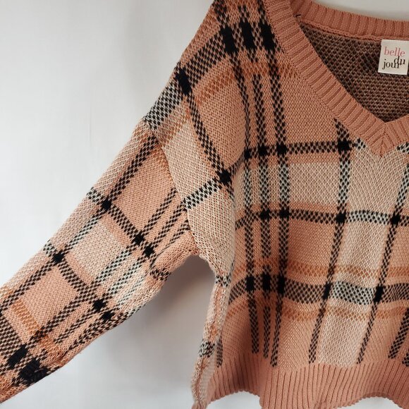 Belle Du Jour Pink Brown Plaid Knit Womens Crop Top Long Slv Sweater V Neck XL - Picture 4 of 10